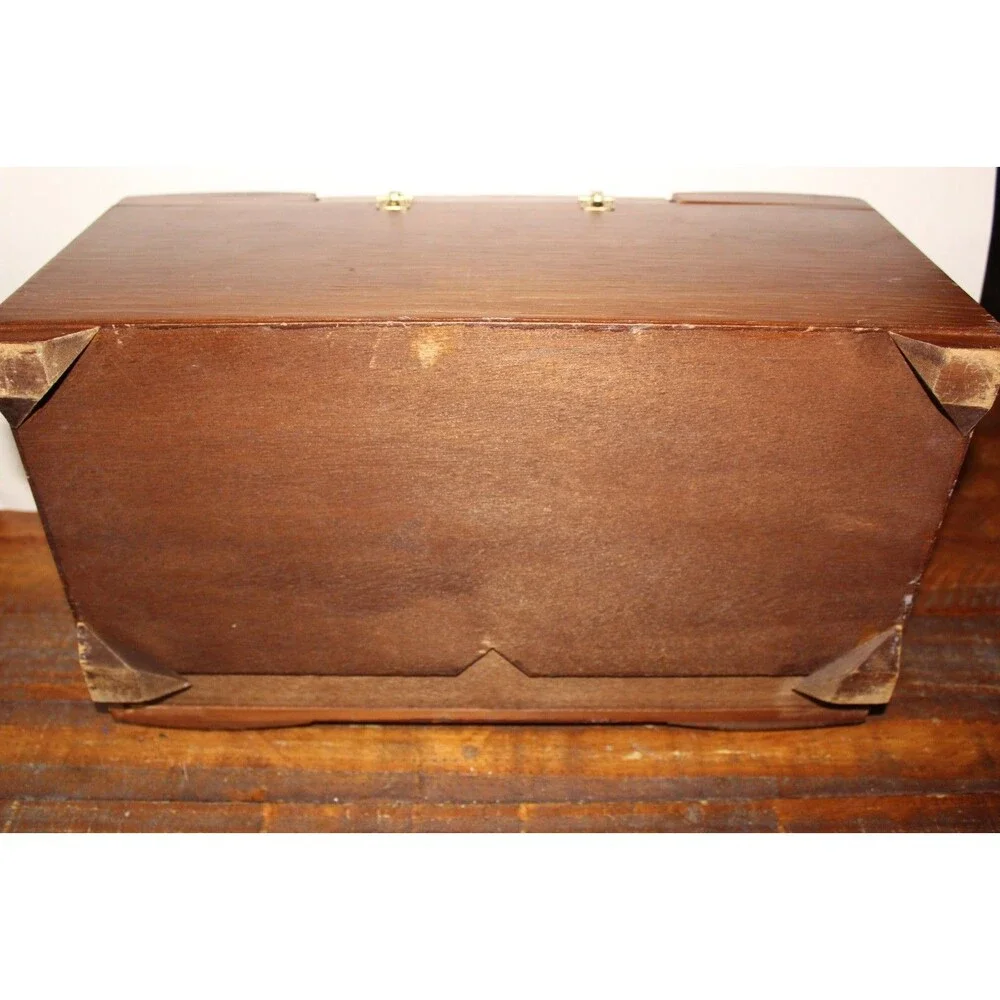 Vintage Asian Wood Carved Large Jewelry Box Dragon Red Velvet Lining SEE NOTE